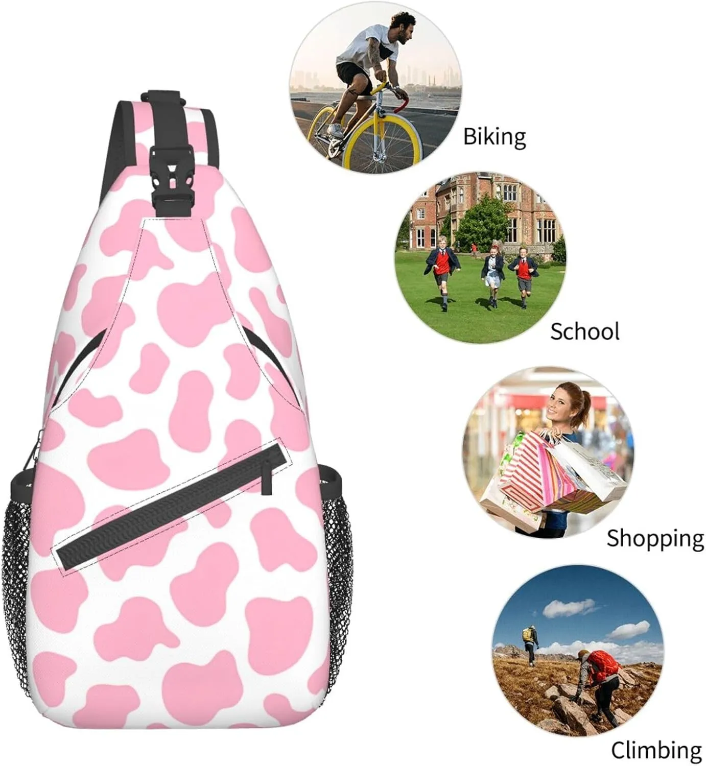 Pink Cow Print Unisex Sling Daypacks Adjustable Rope Shoulder Chest Bags Gym Sport Travel Hiking Daypack For Men Women Gift