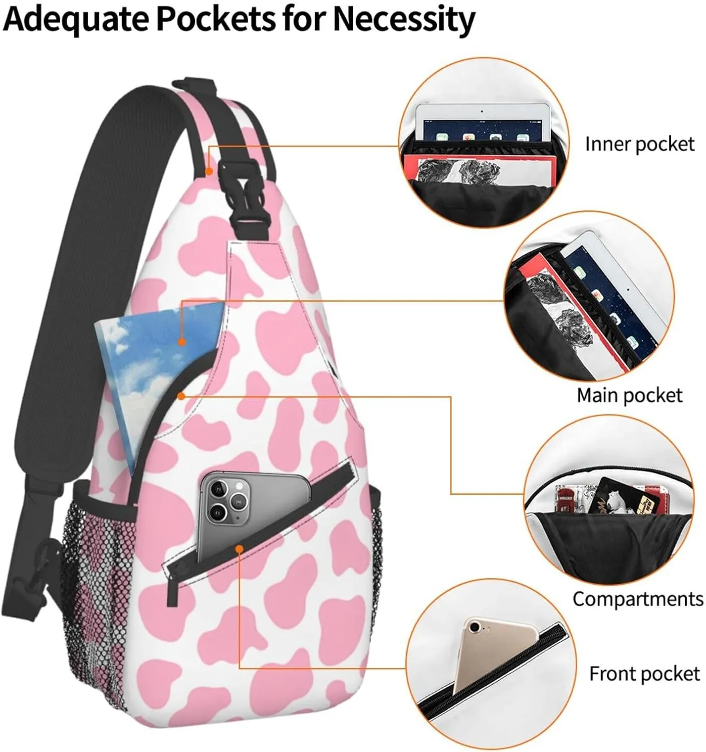 Pink Cow Print Unisex Sling Daypacks Adjustable Rope Shoulder Chest Bags Gym Sport Travel Hiking Daypack For Men Women Gift