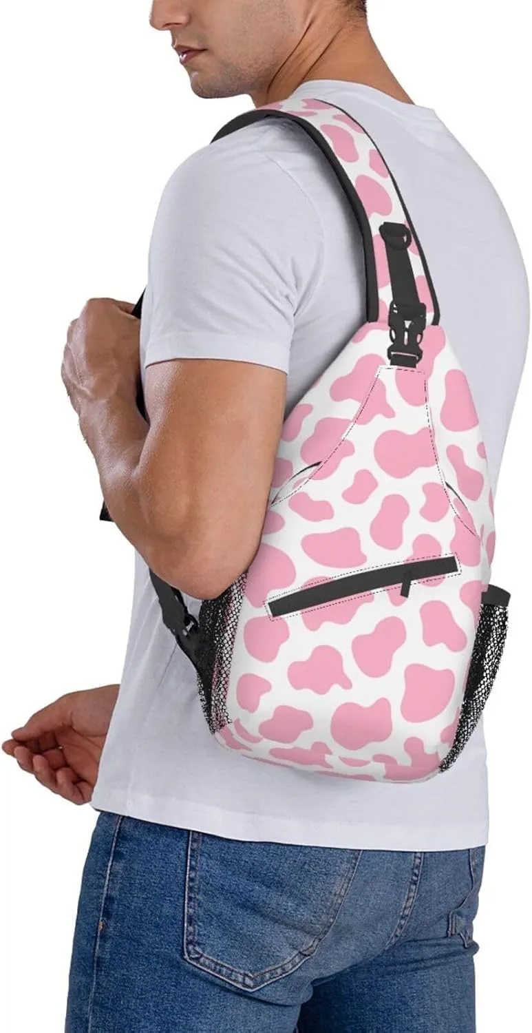 Pink Cow Print Unisex Sling Daypacks Adjustable Rope Shoulder Chest Bags Gym Sport Travel Hiking Daypack For Men Women Gift