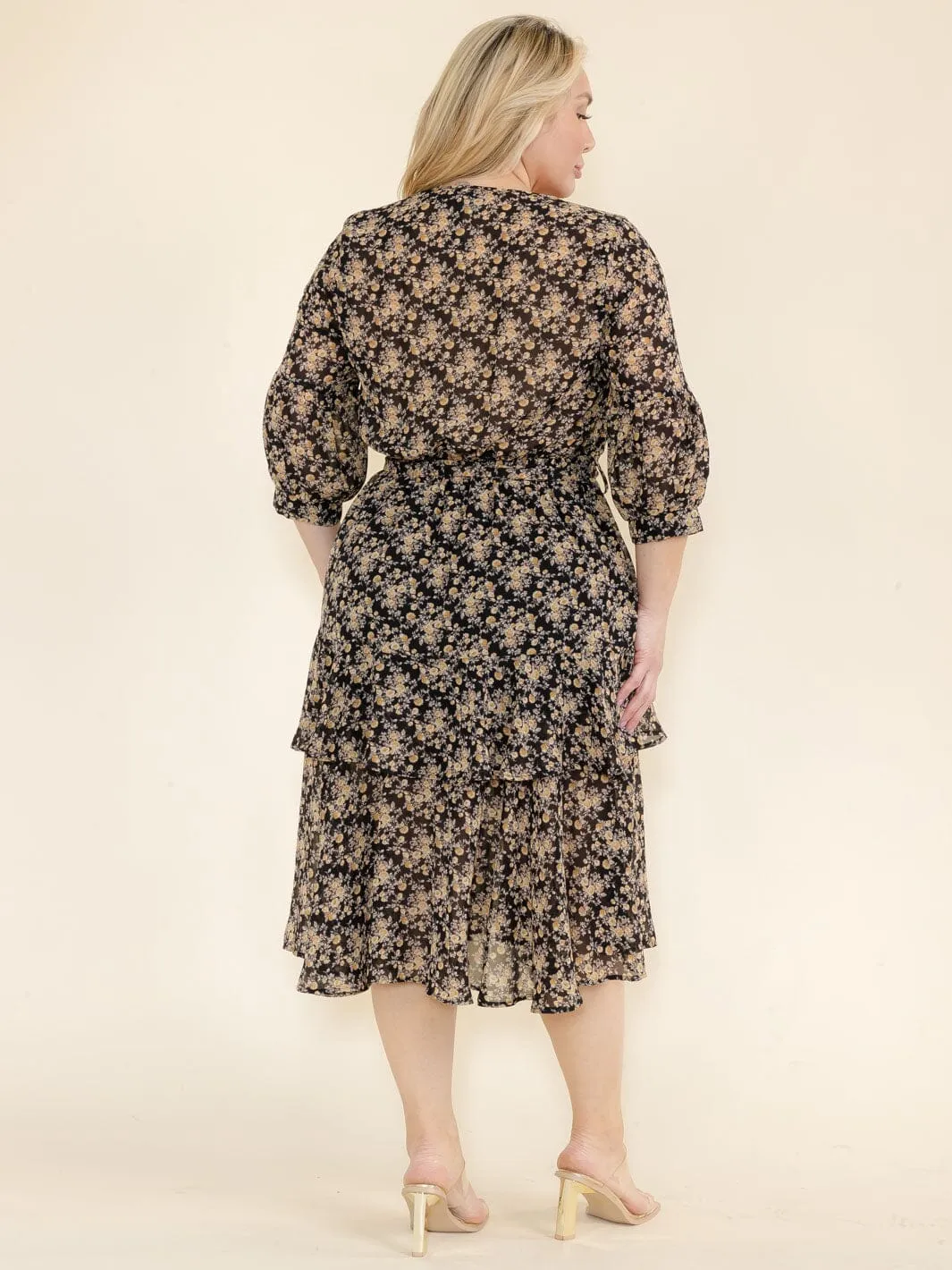 PLUS SIZE 3/4 SLEEVES SURPLICE ELASTIC WAIST SELF TIE FLORAL PRINT MIDI DRESS