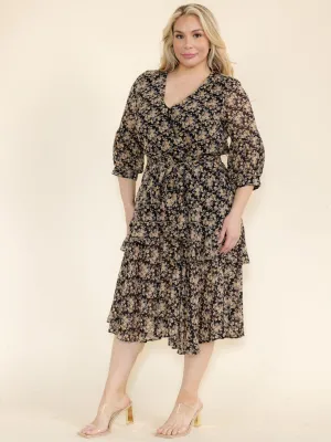 PLUS SIZE 3/4 SLEEVES SURPLICE ELASTIC WAIST SELF TIE FLORAL PRINT MIDI DRESS