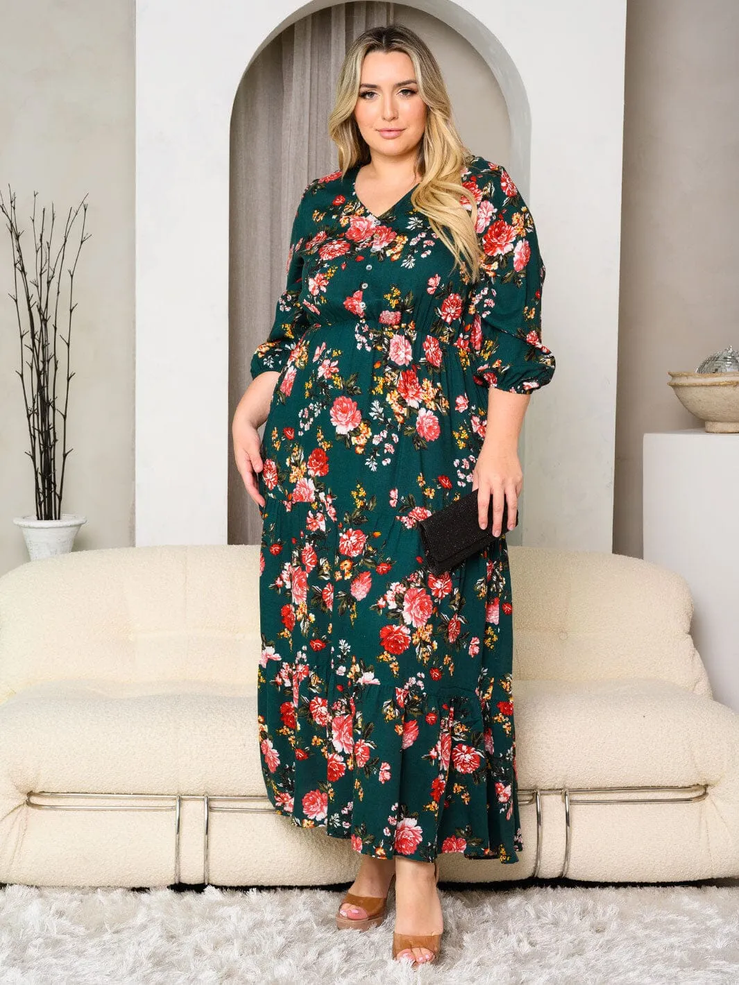 PLUS SIZE 3/4 SLEEVES V-NECK FLORAL MAXI DRESS