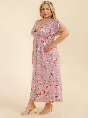 PLUS SIZE SHORT SLEEVE SURPLICE FLORAL MAXI DRESS
