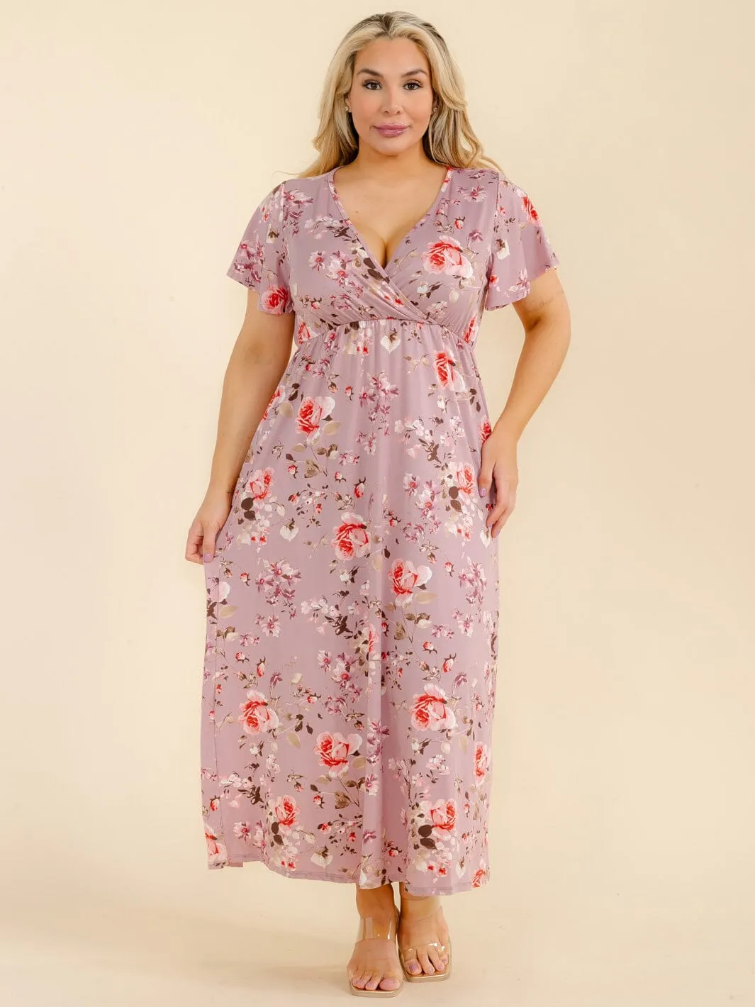 PLUS SIZE SHORT SLEEVE SURPLICE FLORAL MAXI DRESS