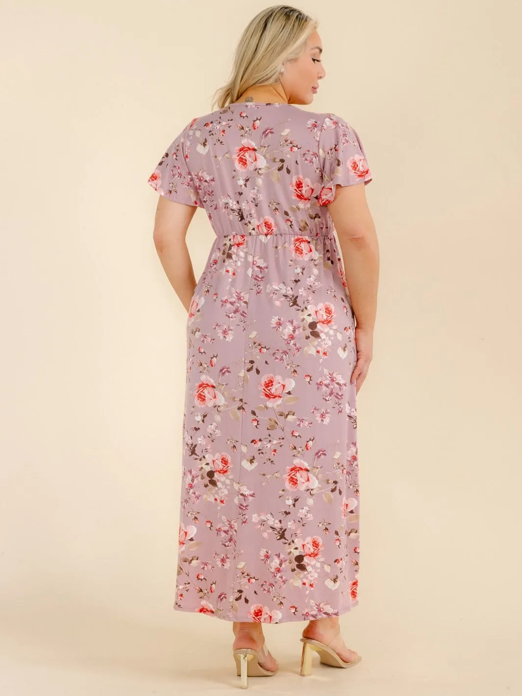 PLUS SIZE SHORT SLEEVE SURPLICE FLORAL MAXI DRESS