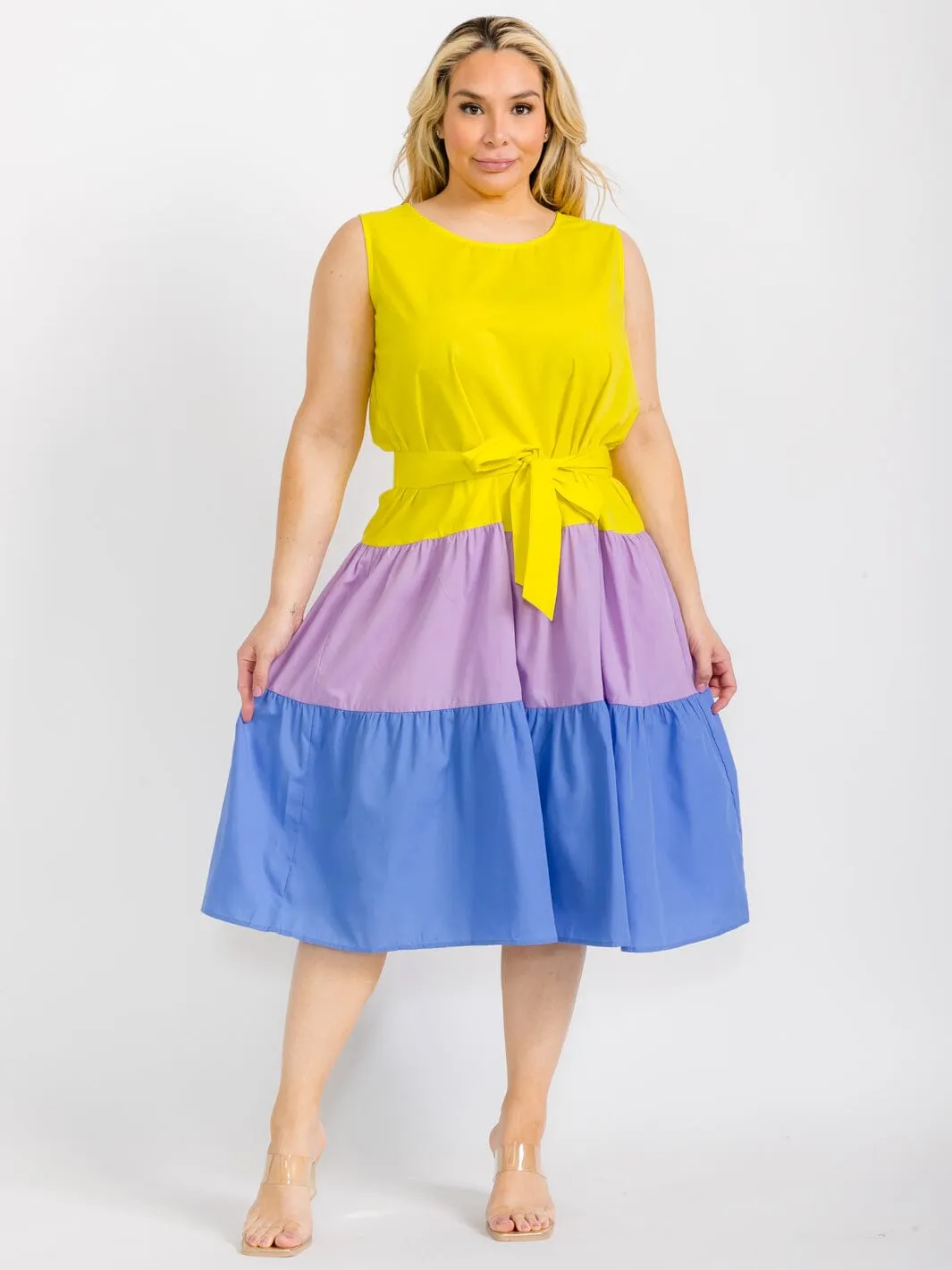 PLUS SIZE SLEEVELESS TIERED COLORBLOCK SELF TIE MIDI DRESS