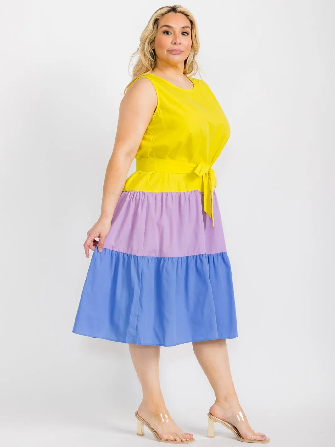 PLUS SIZE SLEEVELESS TIERED COLORBLOCK SELF TIE MIDI DRESS