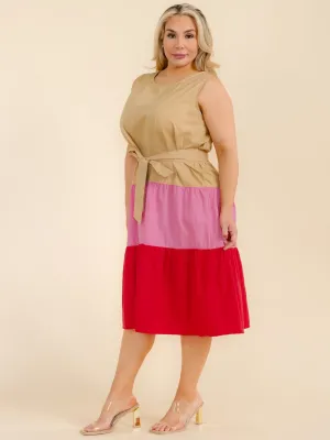 PLUS SIZE SLEEVELESS TIERED COLORBLOCK SELF TIE MIDI DRESS