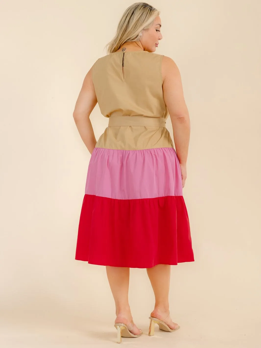 PLUS SIZE SLEEVELESS TIERED COLORBLOCK SELF TIE MIDI DRESS
