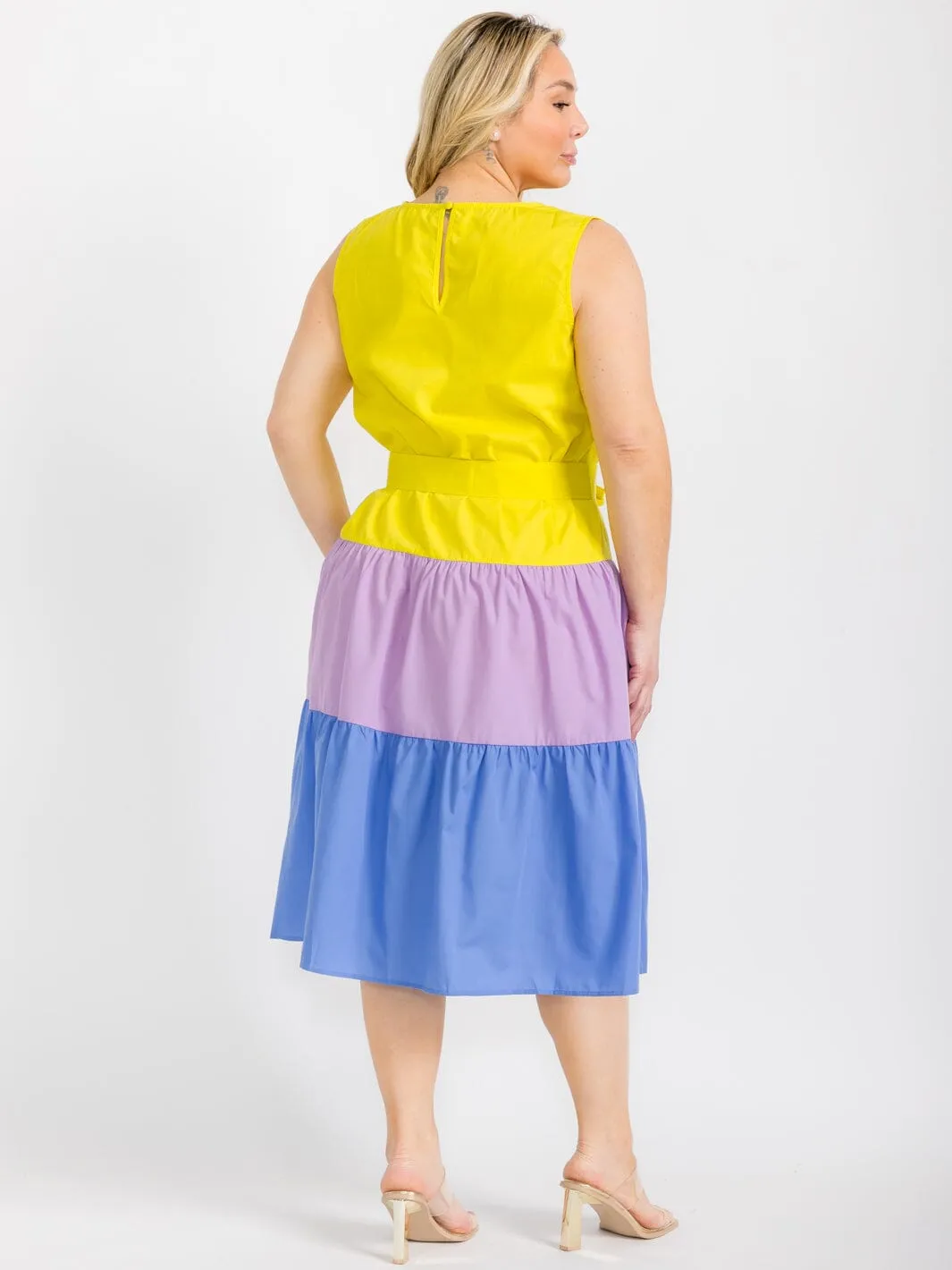 PLUS SIZE SLEEVELESS TIERED COLORBLOCK SELF TIE MIDI DRESS