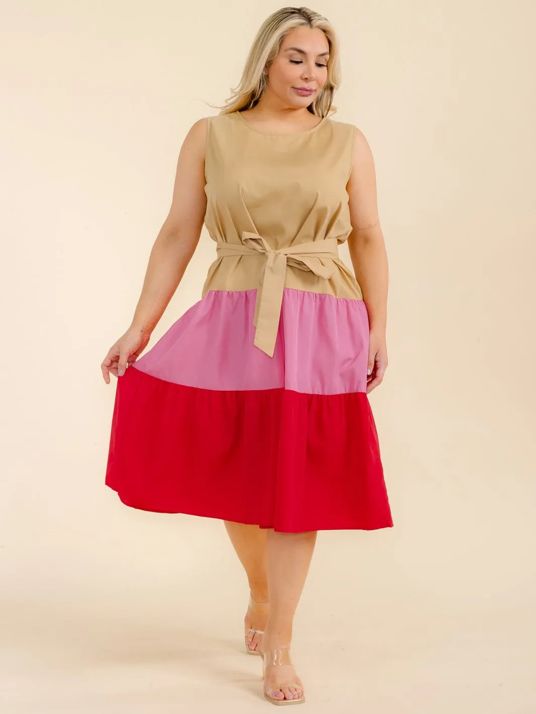 PLUS SIZE SLEEVELESS TIERED COLORBLOCK SELF TIE MIDI DRESS