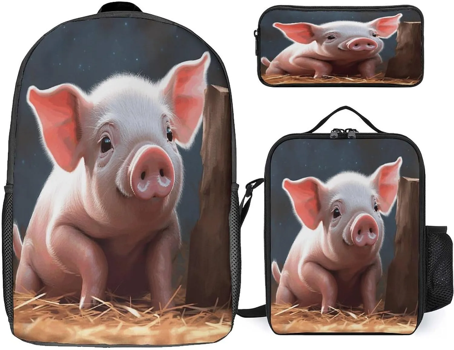 Pocket Backpack,Foolish Cute Pig Print Cross Body Lunch Bag Set,casual Daypacks,3 Pcs Backpack Set