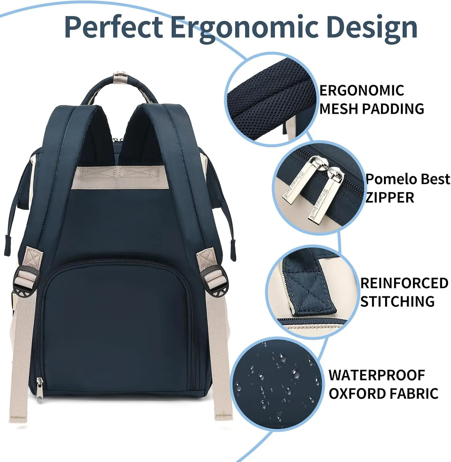 Pomelo Best Diaper Bag Backpack Stylish Waterproof Multifunctional Large Baby Bag with Changing Mat and Stroller Straps (Navy Blue/Almond)