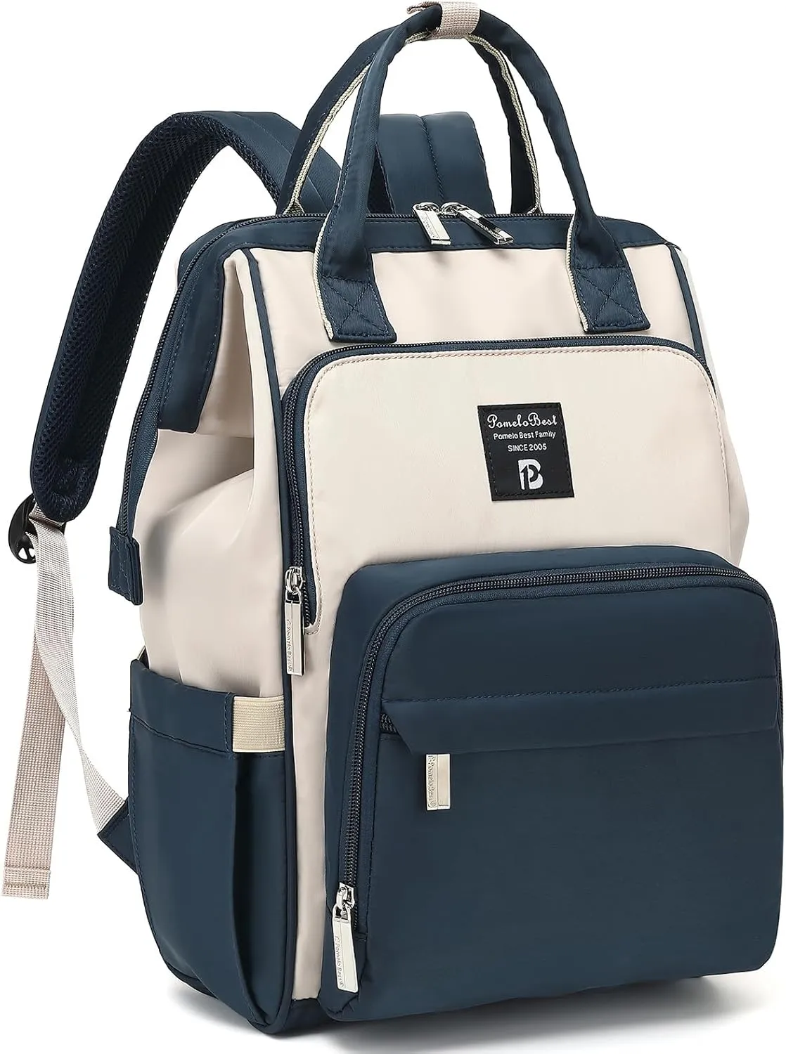 Pomelo Best Diaper Bag Backpack Stylish Waterproof Multifunctional Large Baby Bag with Changing Mat and Stroller Straps (Navy Blue/Almond)