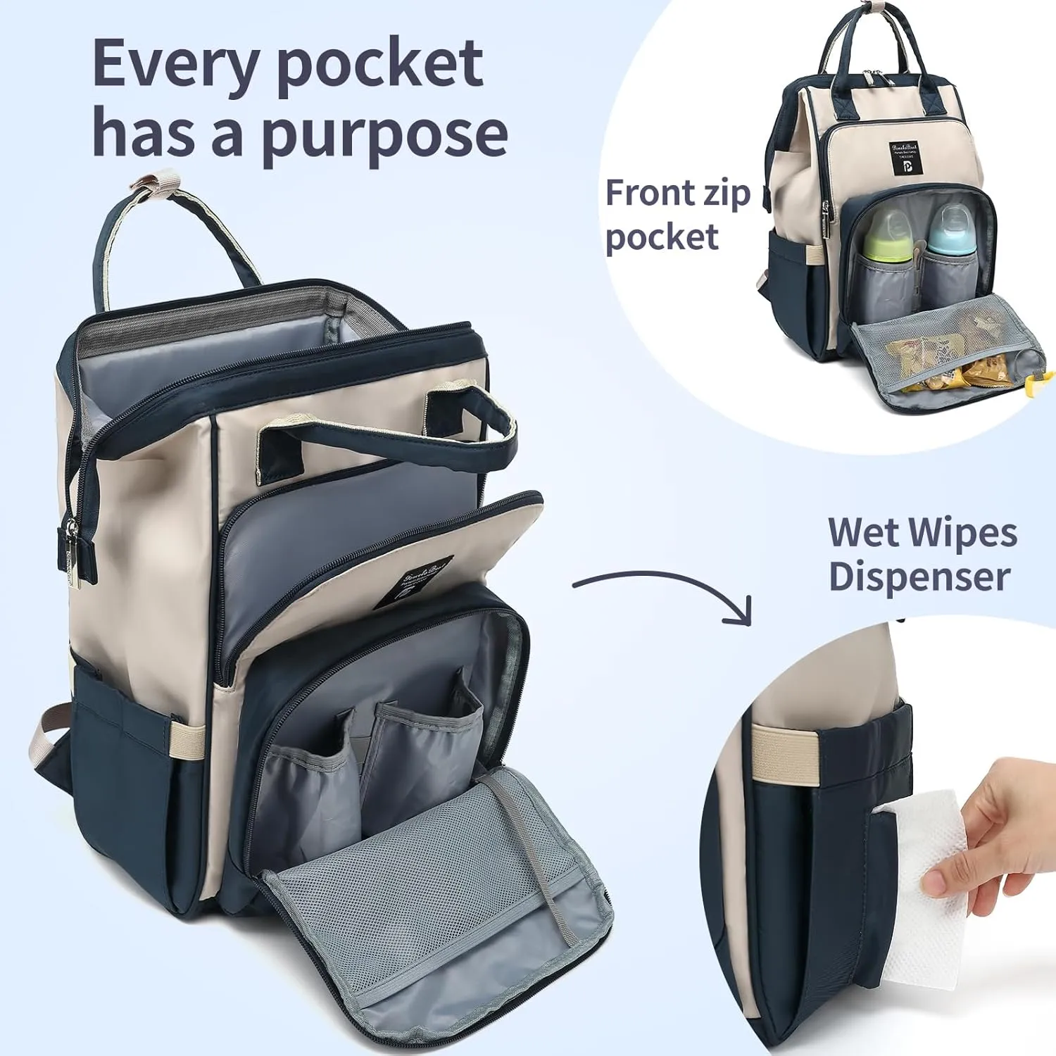 Pomelo Best Diaper Bag Backpack Stylish Waterproof Multifunctional Large Baby Bag with Changing Mat and Stroller Straps (Navy Blue/Almond)