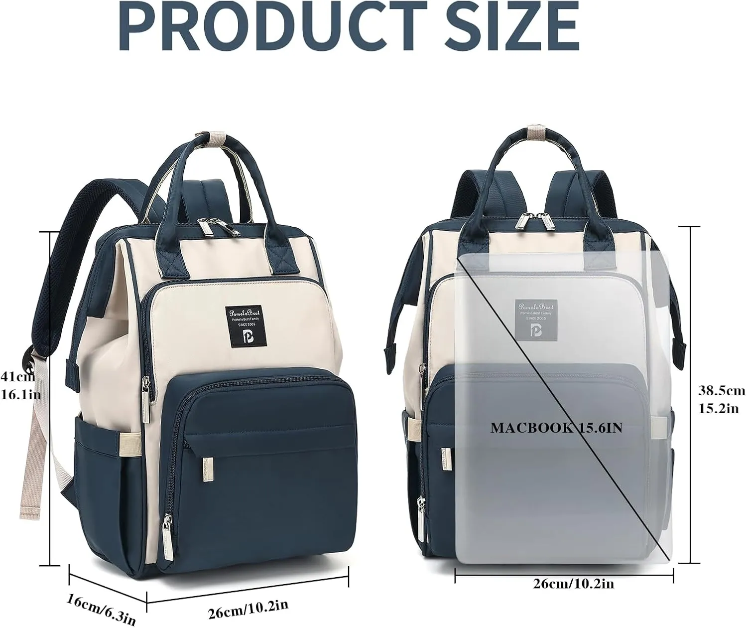 Pomelo Best Diaper Bag Backpack Stylish Waterproof Multifunctional Large Baby Bag with Changing Mat and Stroller Straps (Navy Blue/Almond)