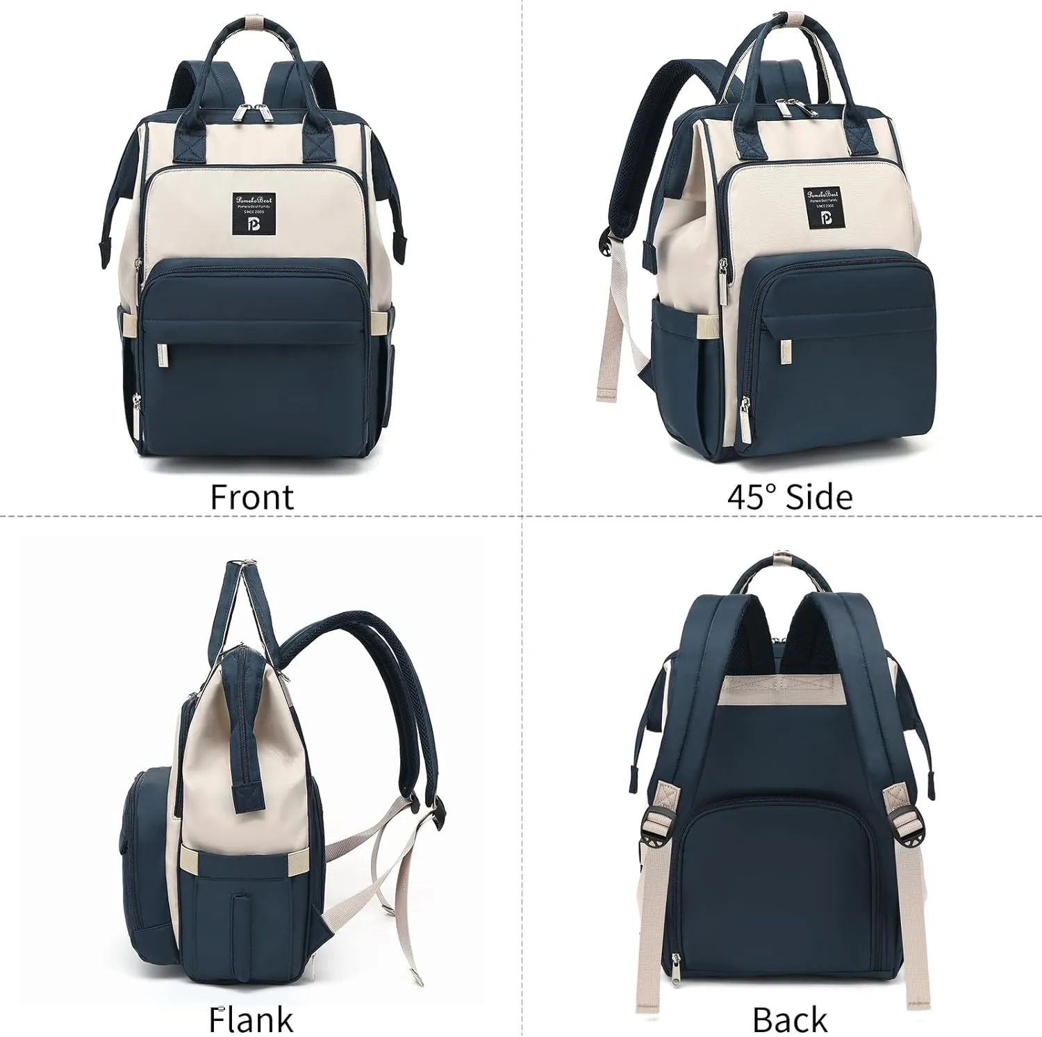 Pomelo Best Diaper Bag Backpack Stylish Waterproof Multifunctional Large Baby Bag with Changing Mat and Stroller Straps (Navy Blue/Almond)
