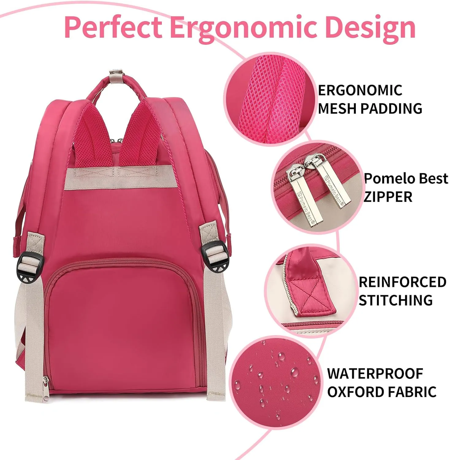 Pomelo Best Diaper Bag Backpack Stylish Waterproof Multifunctional Large Baby Bag with Changing Mat and Stroller Straps (Rose Red/Almond)