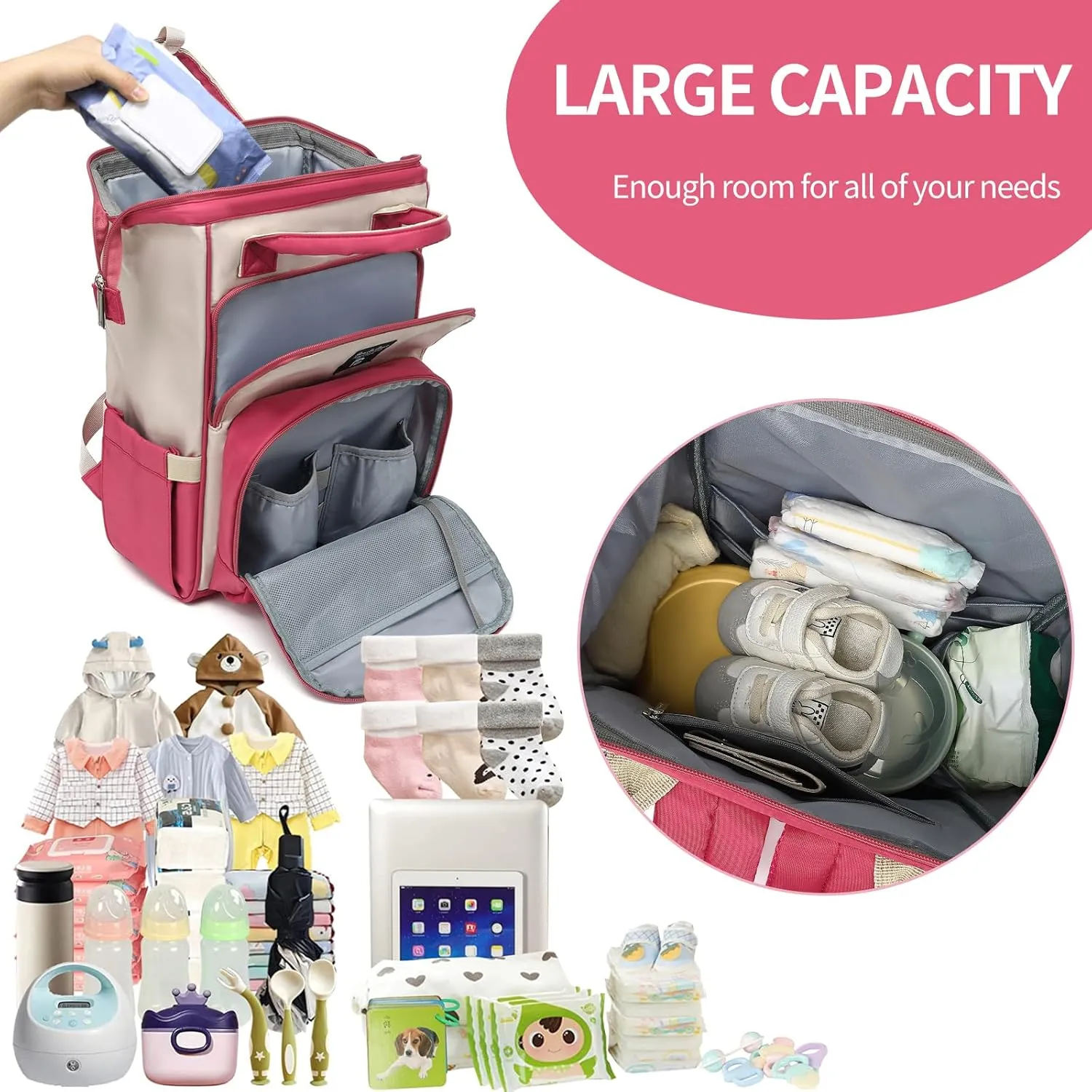 Pomelo Best Diaper Bag Backpack Stylish Waterproof Multifunctional Large Baby Bag with Changing Mat and Stroller Straps (Rose Red/Almond)