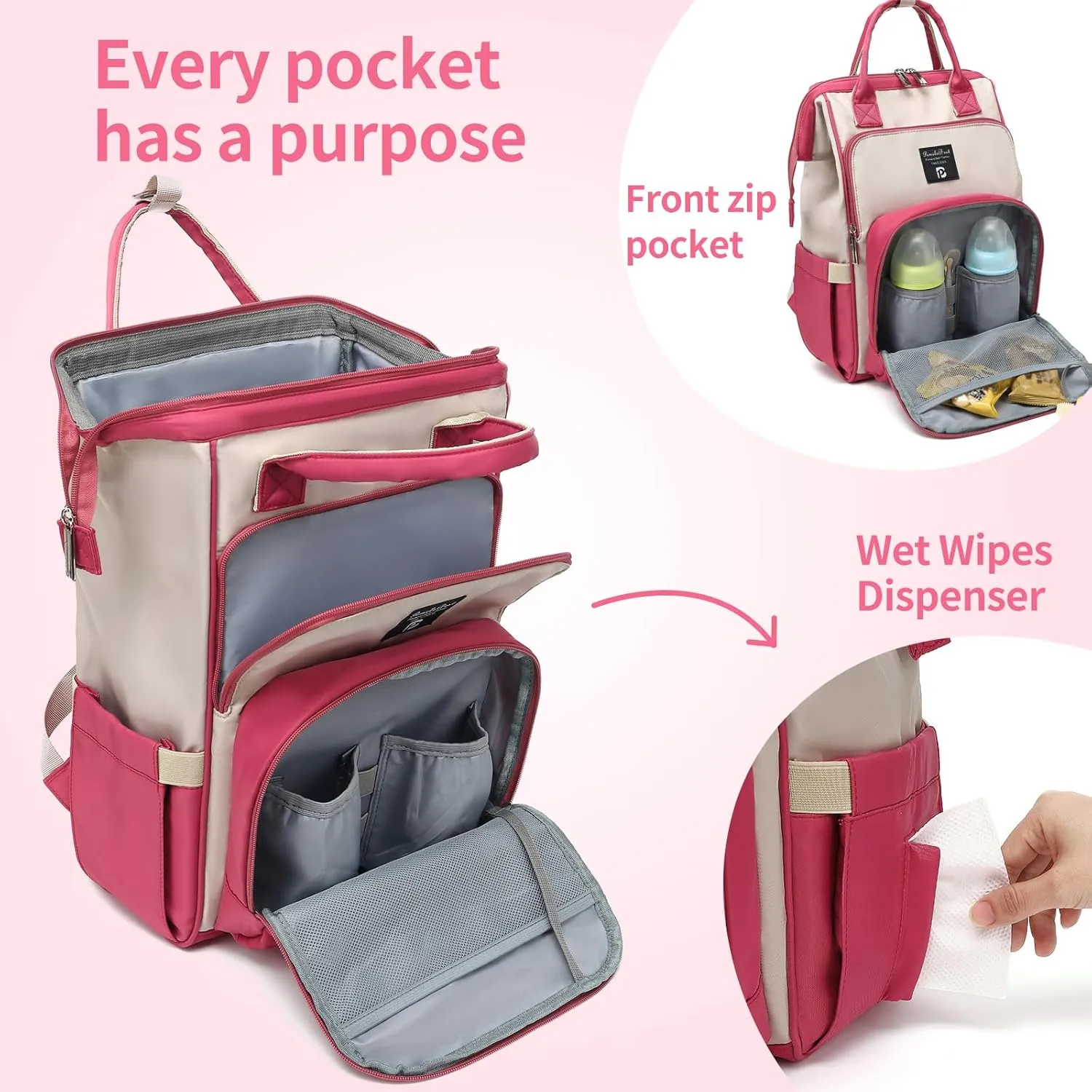 Pomelo Best Diaper Bag Backpack Stylish Waterproof Multifunctional Large Baby Bag with Changing Mat and Stroller Straps (Rose Red/Almond)