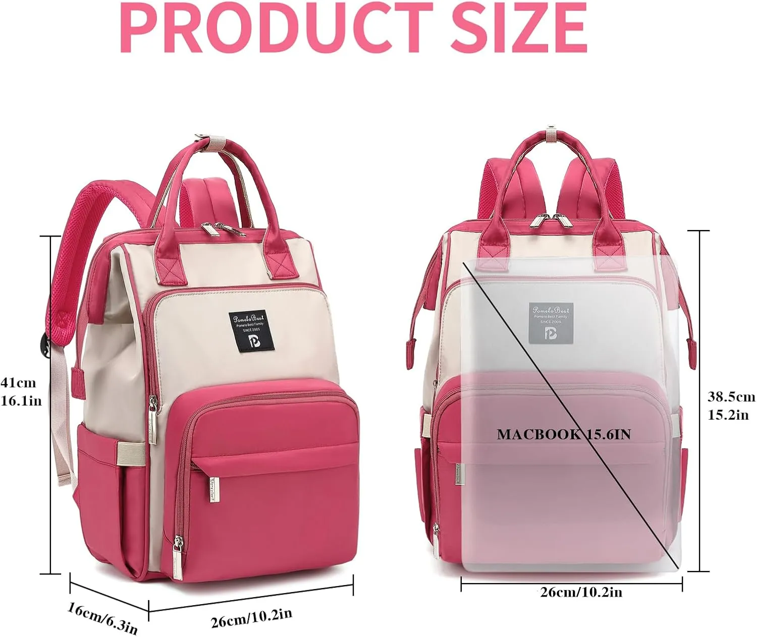 Pomelo Best Diaper Bag Backpack Stylish Waterproof Multifunctional Large Baby Bag with Changing Mat and Stroller Straps (Rose Red/Almond)