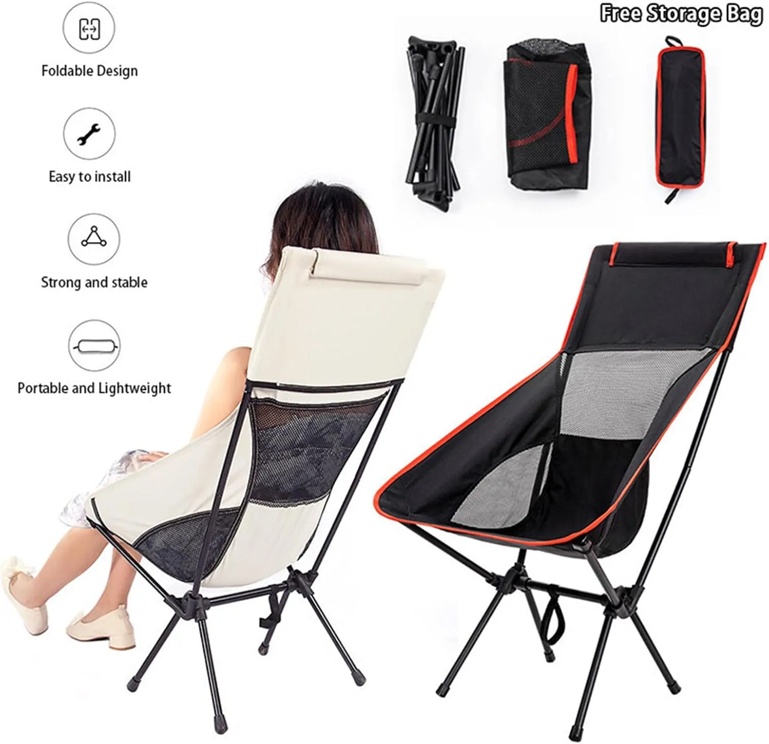 Portable Camping Chair Folding Backpacking Chair Lightweight Outdoor Camp Chair with Storage Bag,Beach Chair with Pillow for Travel,Sports,Picnic,Hiking, Backpacking (Blue)
