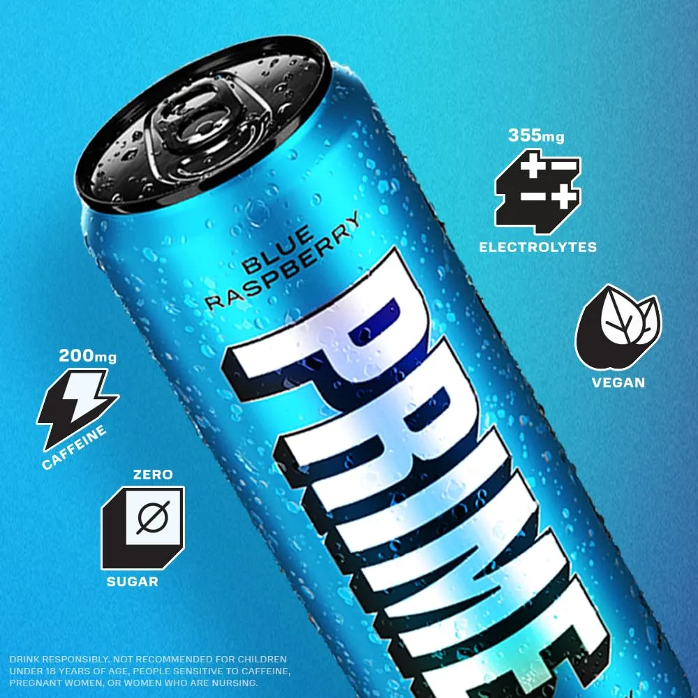 PRIME Energy BLUE RASPBERRY | Zero Sugar Energy Drink | Preworkout Energy | 200mg Caffeine with 355mg of Electrolytes and Coconut Water for Hydration| Vegan | Gluten Free |12 Fluid Ounce | 12 Pack