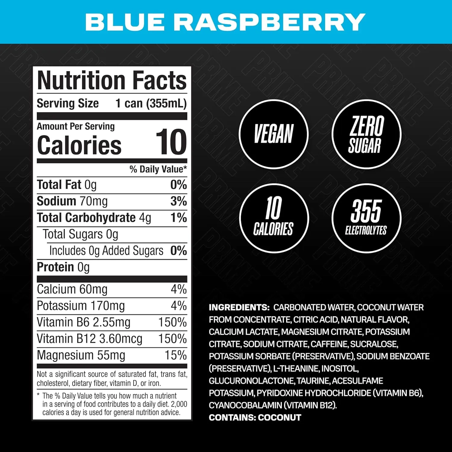 PRIME Energy BLUE RASPBERRY | Zero Sugar Energy Drink | Preworkout Energy | 200mg Caffeine with 355mg of Electrolytes and Coconut Water for Hydration| Vegan | Gluten Free |12 Fluid Ounce | 12 Pack
