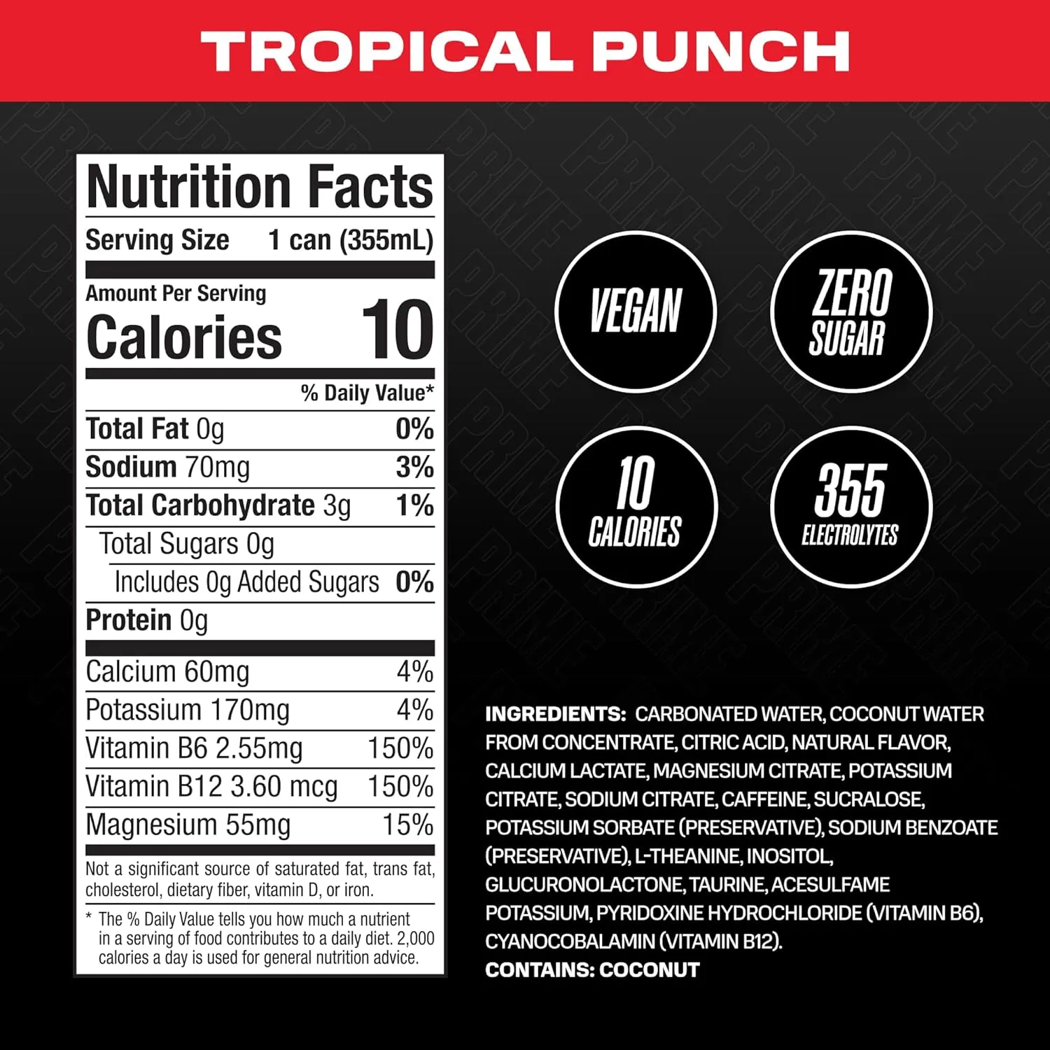 PRIME Energy TROPICAL PUNCH | Zero Sugar Energy Drink | Preworkout Energy | 200mg Caffeine with 355mg of Electrolytes and Coconut Water for Hydration| Vegan | Gluten Free |12 Fluid Ounce | 24 Pack