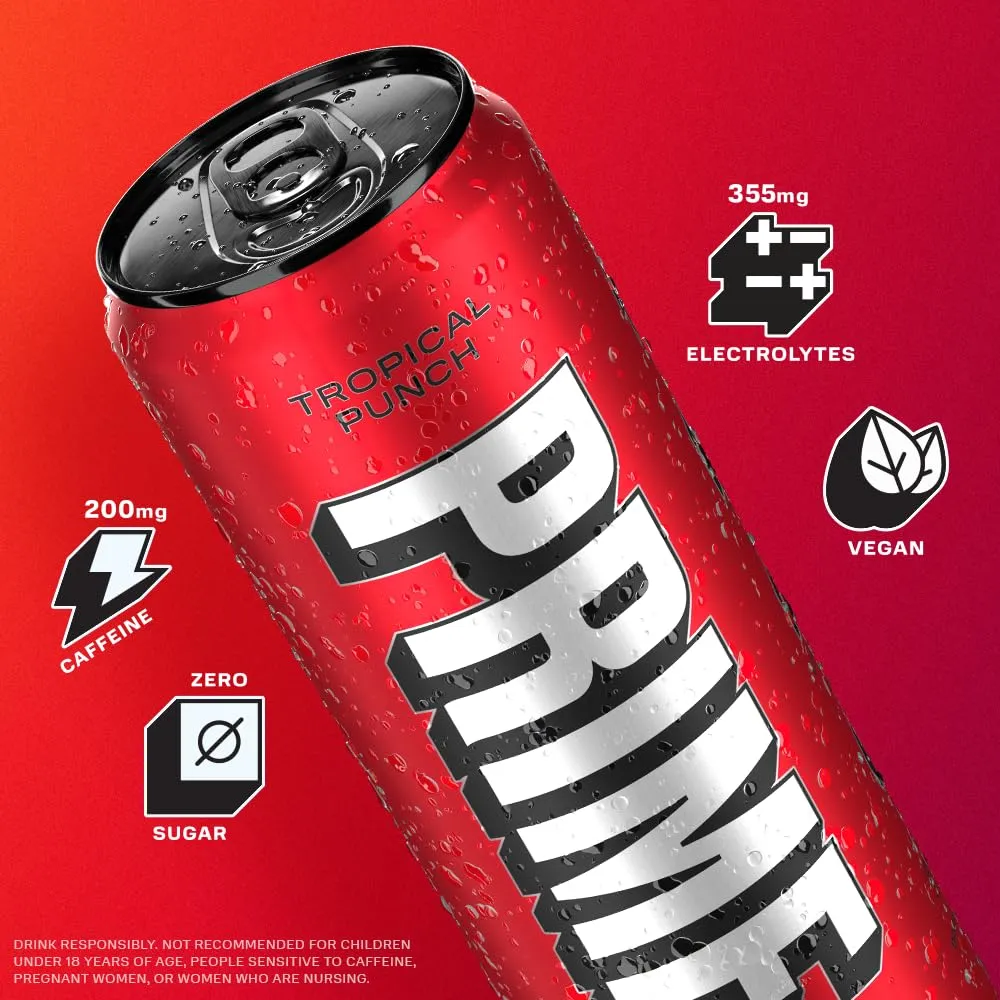 PRIME Energy TROPICAL PUNCH | Zero Sugar Energy Drink | Preworkout Energy | 200mg Caffeine with 355mg of Electrolytes and Coconut Water for Hydration| Vegan | Gluten Free |12 Fluid Ounce | 24 Pack
