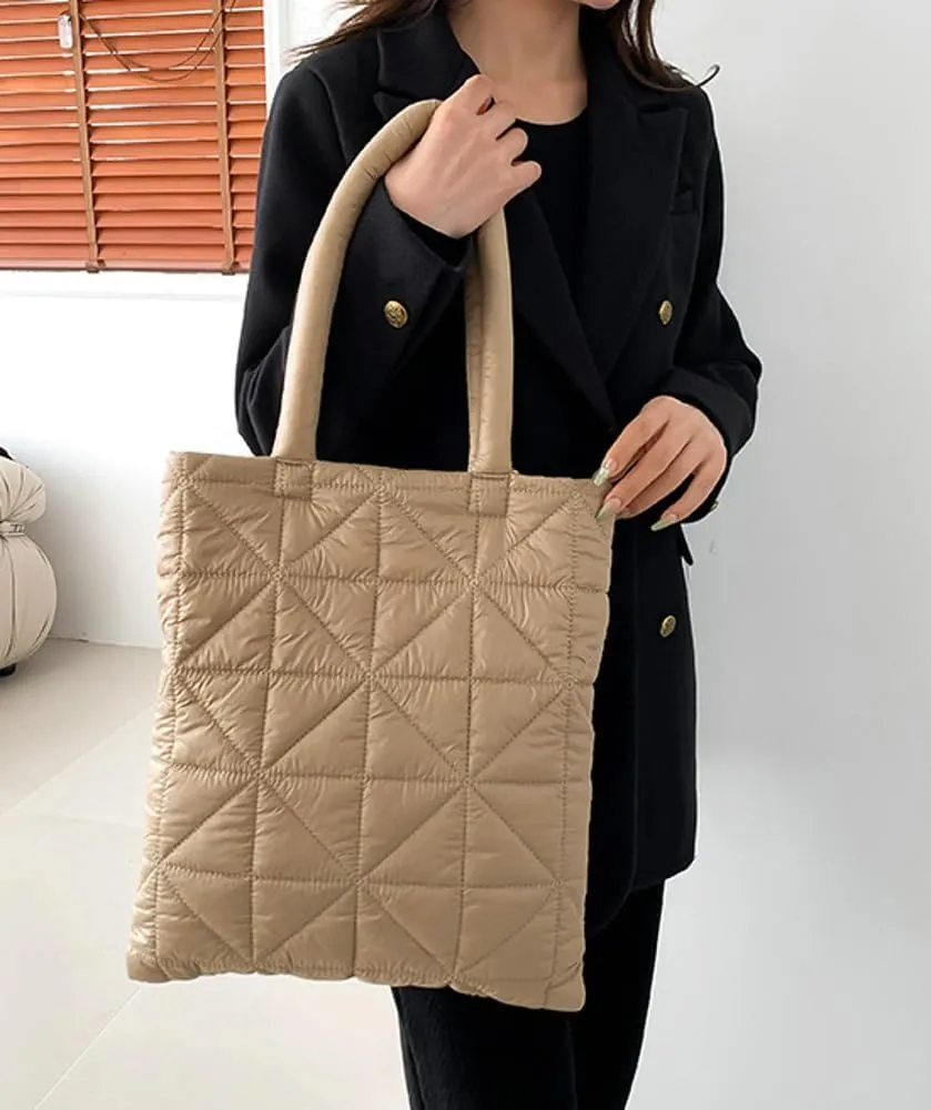 Quilted Tote Bags for Women Lightweight Padding Down Cotton Shoulder Bag Padded Large Handbag Top Handle Purse