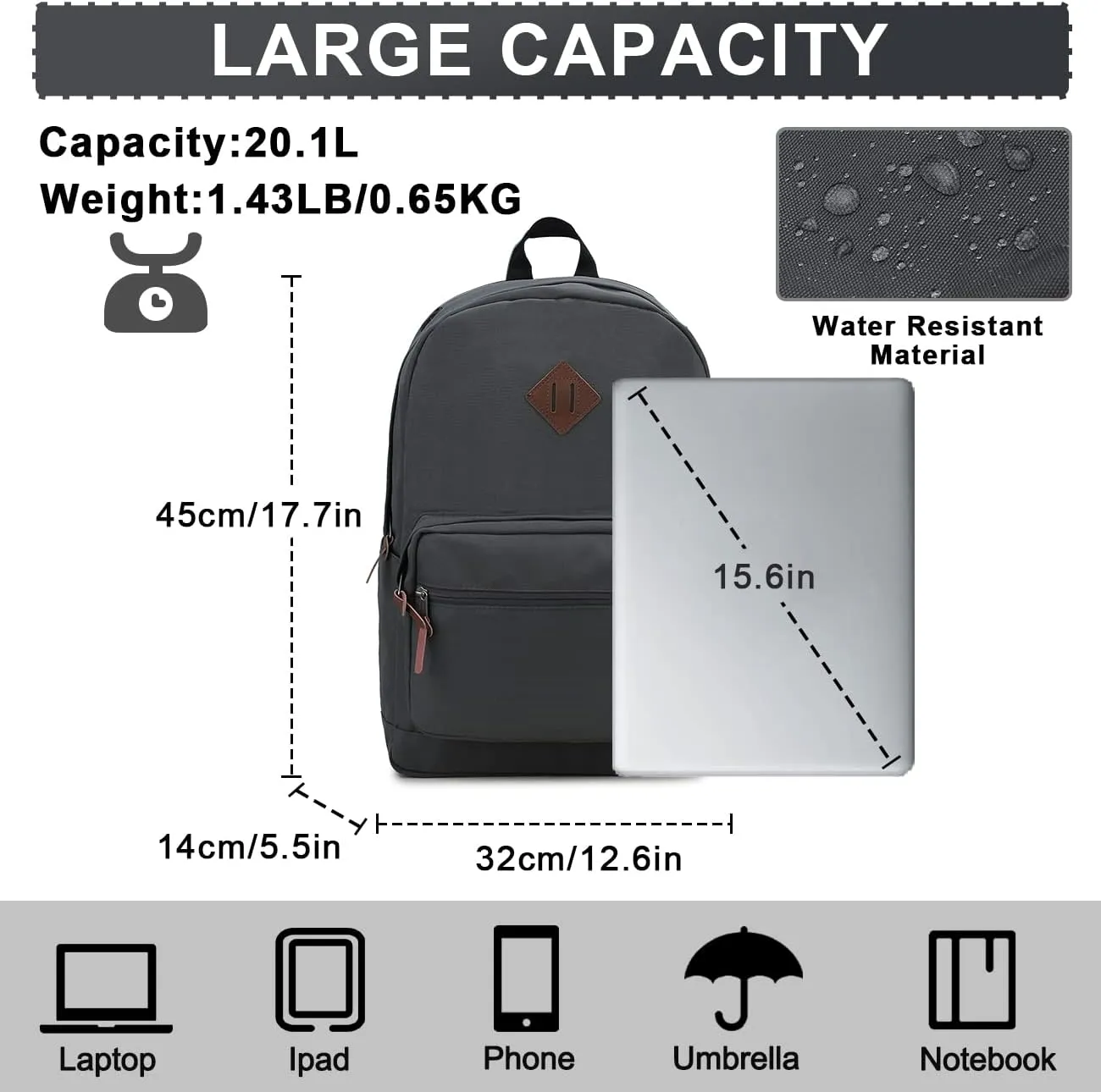 RAVUO Backpack for Men, Water Resistant Grey School Backpack Laptop Rucksack College Bookbag Daypack with Two Bottle Pockets