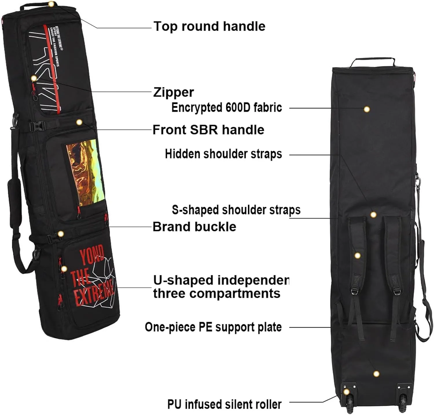 Roller Snowboard Bag with Wheels Adjustable Length Double Rolling Ski Bag Snow Roller Bag - Ski Bag with Wheels Foldable Wheeled Ski Bag Perfect for Travel