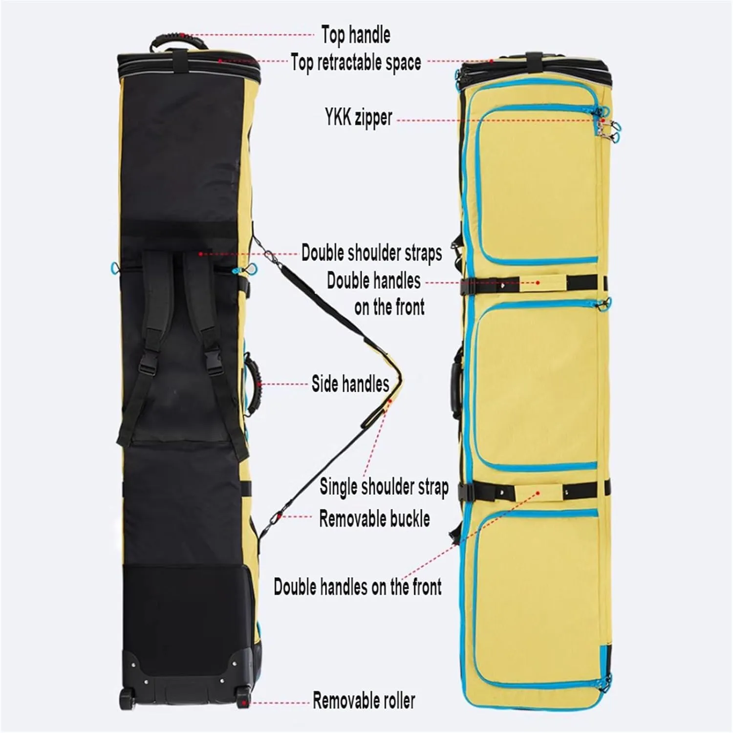 Roller Snowboard Bag with Wheels Double Rolling Ski Bag Adjustable Length Foldable Wheeled Ski Bag Waterproof Roller Snowboard Bag Extra Long/Wide/Deep for Air Travel