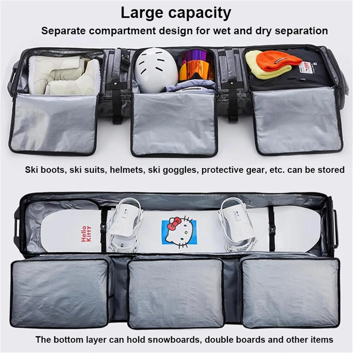 Roller Snowboard Bag with Wheels Double Rolling Ski Bag Padded Waterproof Snowboard Bag Foldable Wheeled Ski Bag for Single Ski or 2 Sets Skis