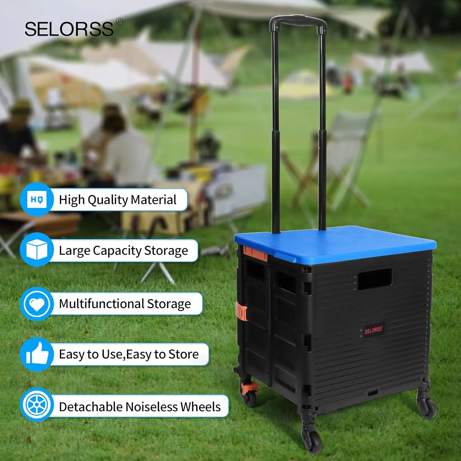 Rolling Crate Utility Cart Collapsible Tote Basket Teacher Cart with Lid Wear-Resistant Noiseless 360°Rotate Wheel Telescoping Handle for Trave Moving Luggage Use(Blue,110lbs)