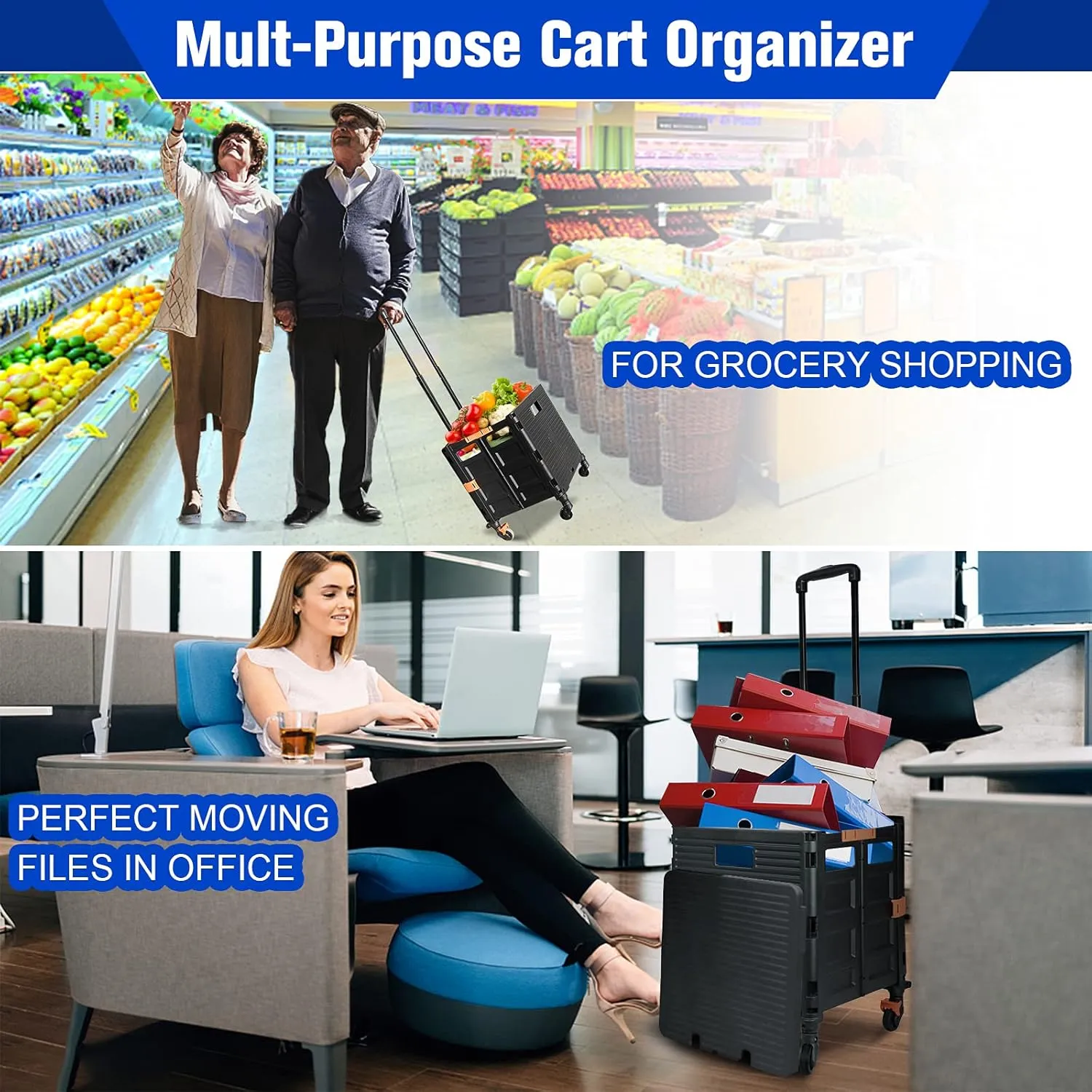 Rolling Crate Utility Cart Collapsible Tote Basket Teacher Cart with Lid Wear-Resistant Noiseless 360°Rotate Wheel Telescoping Handle for Trave Moving Luggage Use(Blue,110lbs)