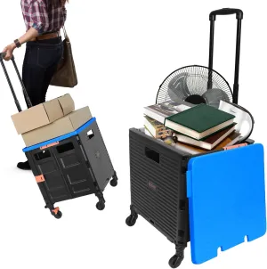 Rolling Crate Utility Cart Collapsible Tote Basket Teacher Cart with Lid Wear-Resistant Noiseless 360°Rotate Wheel Telescoping Handle for Trave Moving Luggage Use(Blue,110lbs)