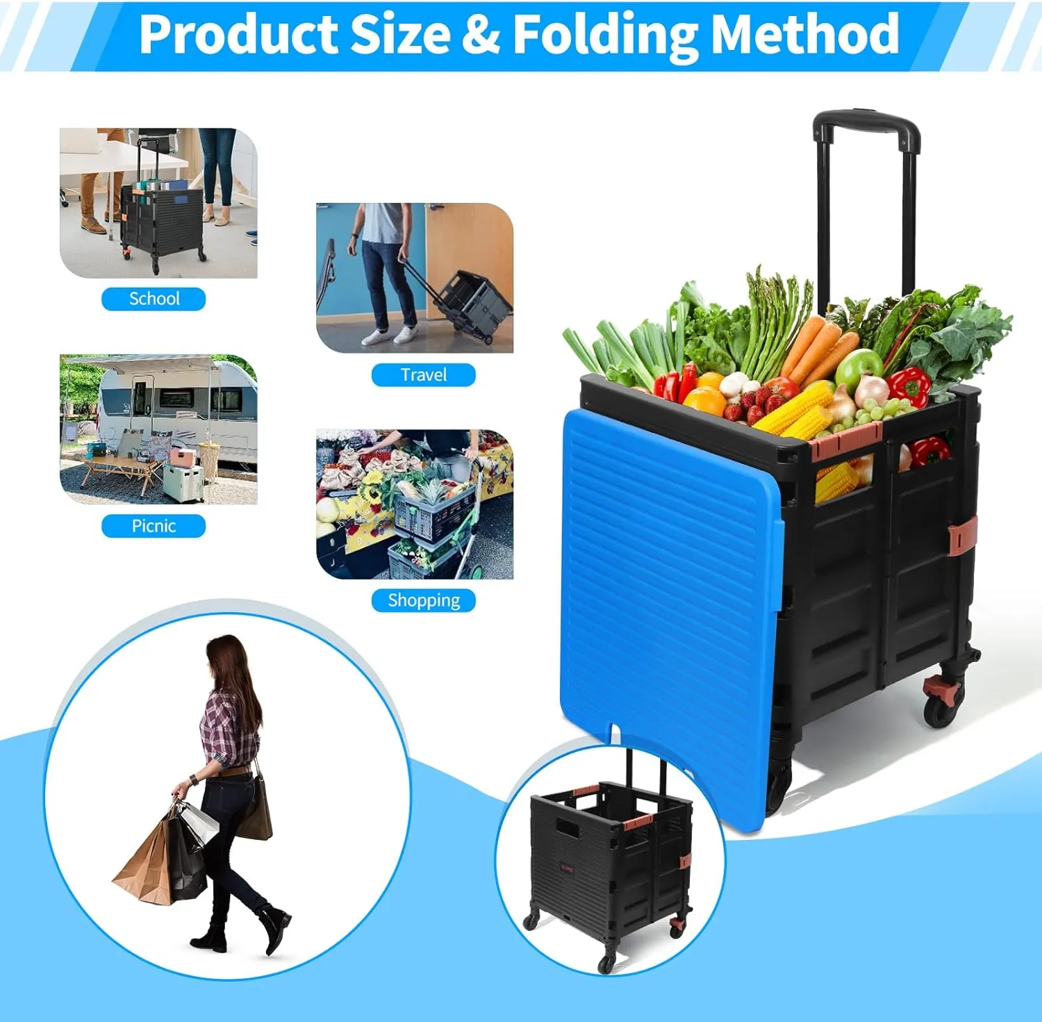 Rolling Crate Utility Cart Collapsible Tote Basket Teacher Cart with Lid Wear-Resistant Noiseless 360°Rotate Wheel Telescoping Handle for Trave Moving Luggage Use(Blue,110lbs)