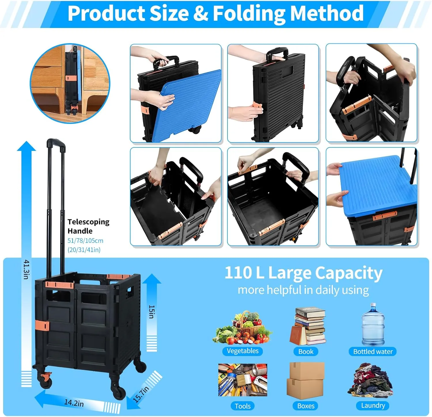 Rolling Crate Utility Cart Collapsible Tote Basket Teacher Cart with Lid Wear-Resistant Noiseless 360°Rotate Wheel Telescoping Handle for Trave Moving Luggage Use(Blue,110lbs)