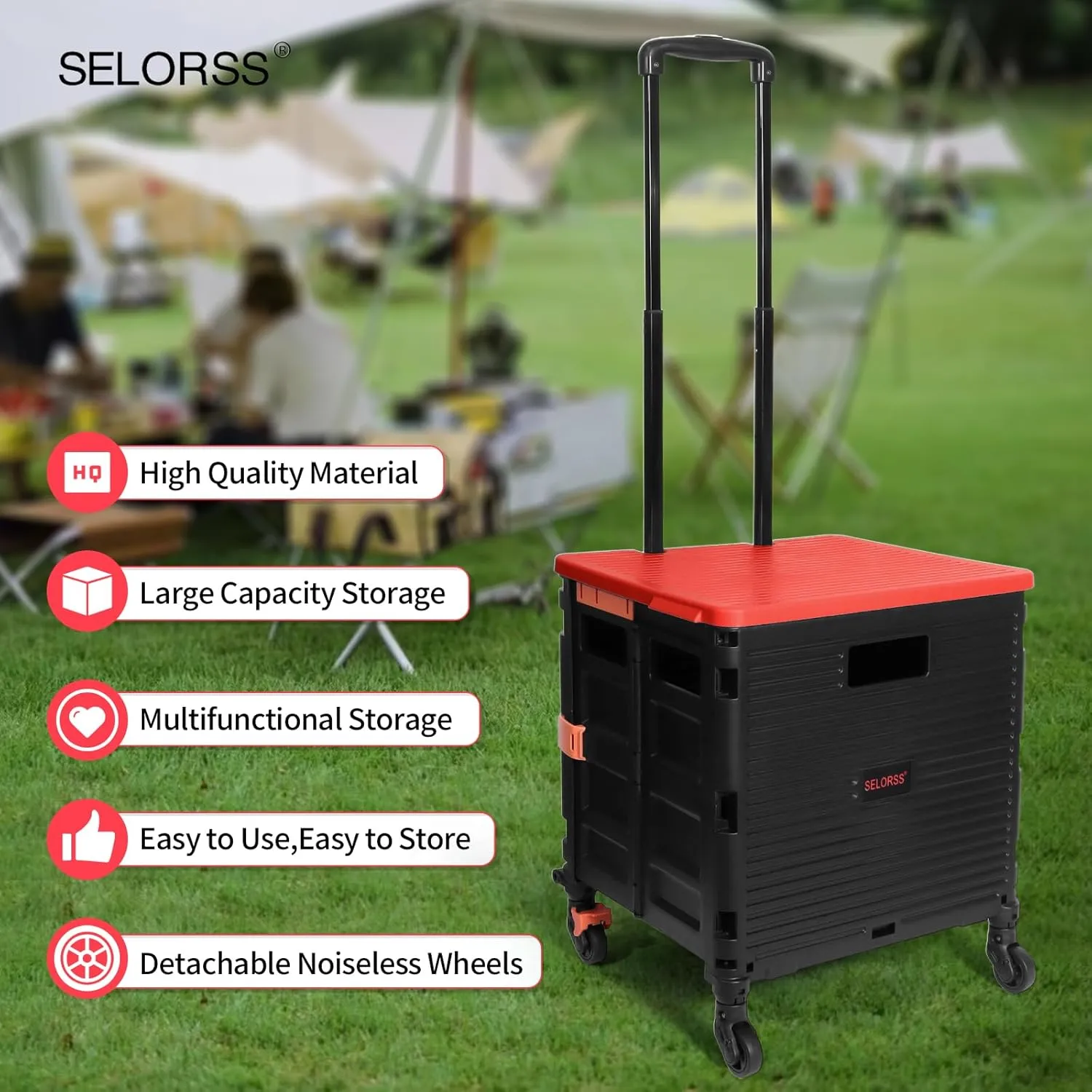 Rolling Crate Utility Cart Collapsible Tote Basket Teacher Cart with Lid Wear-Resistant Noiseless 360°Rotate Wheel Telescoping Handle for Trave Moving Luggage Use(Red,110lbs)