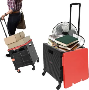 Rolling Crate Utility Cart Collapsible Tote Basket Teacher Cart with Lid Wear-Resistant Noiseless 360°Rotate Wheel Telescoping Handle for Trave Moving Luggage Use(Red,110lbs)