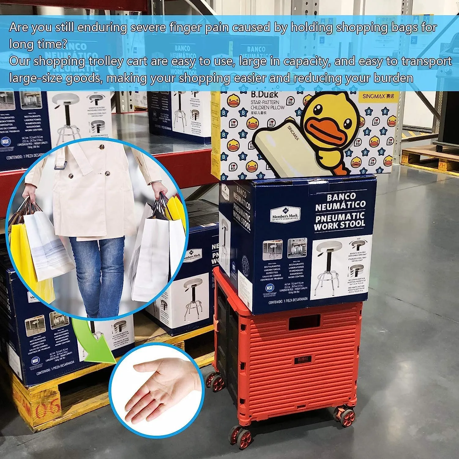 Rolling Crate Utility Cart Collapsible Tote Basket Teacher Cart with Lid Wear-Resistant Noiseless 360°Rotate Wheel Telescoping Handle for Trave Moving Luggage Use(Red,110lbs)