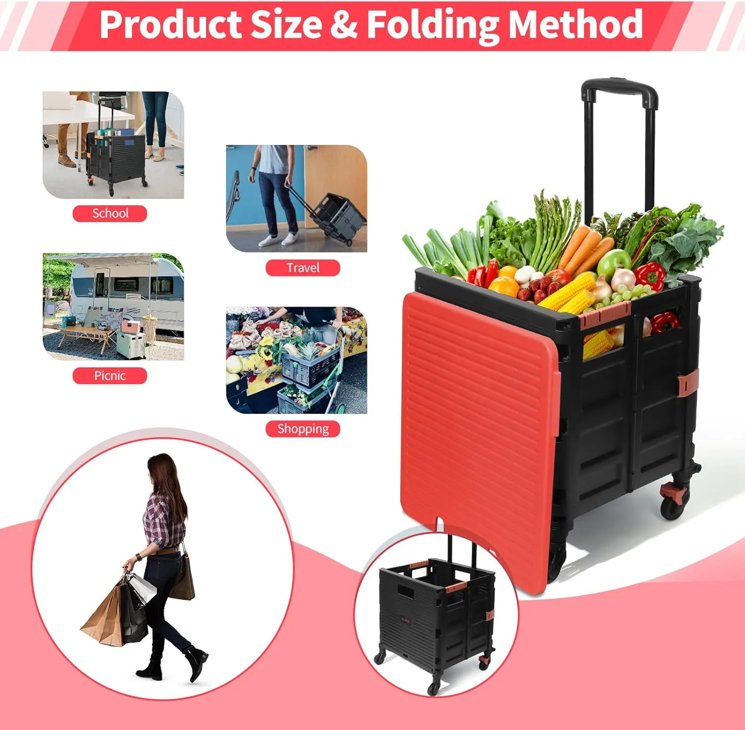 Rolling Crate Utility Cart Collapsible Tote Basket Teacher Cart with Lid Wear-Resistant Noiseless 360°Rotate Wheel Telescoping Handle for Trave Moving Luggage Use(Red,110lbs)