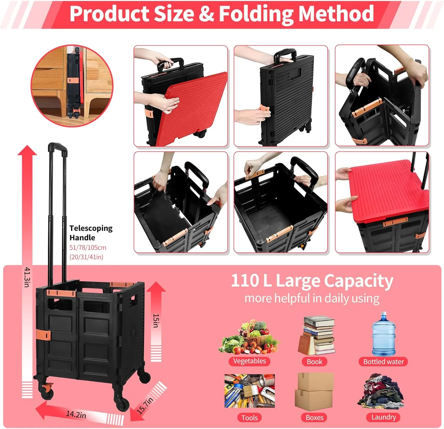 Rolling Crate Utility Cart Collapsible Tote Basket Teacher Cart with Lid Wear-Resistant Noiseless 360°Rotate Wheel Telescoping Handle for Trave Moving Luggage Use(Red,110lbs)
