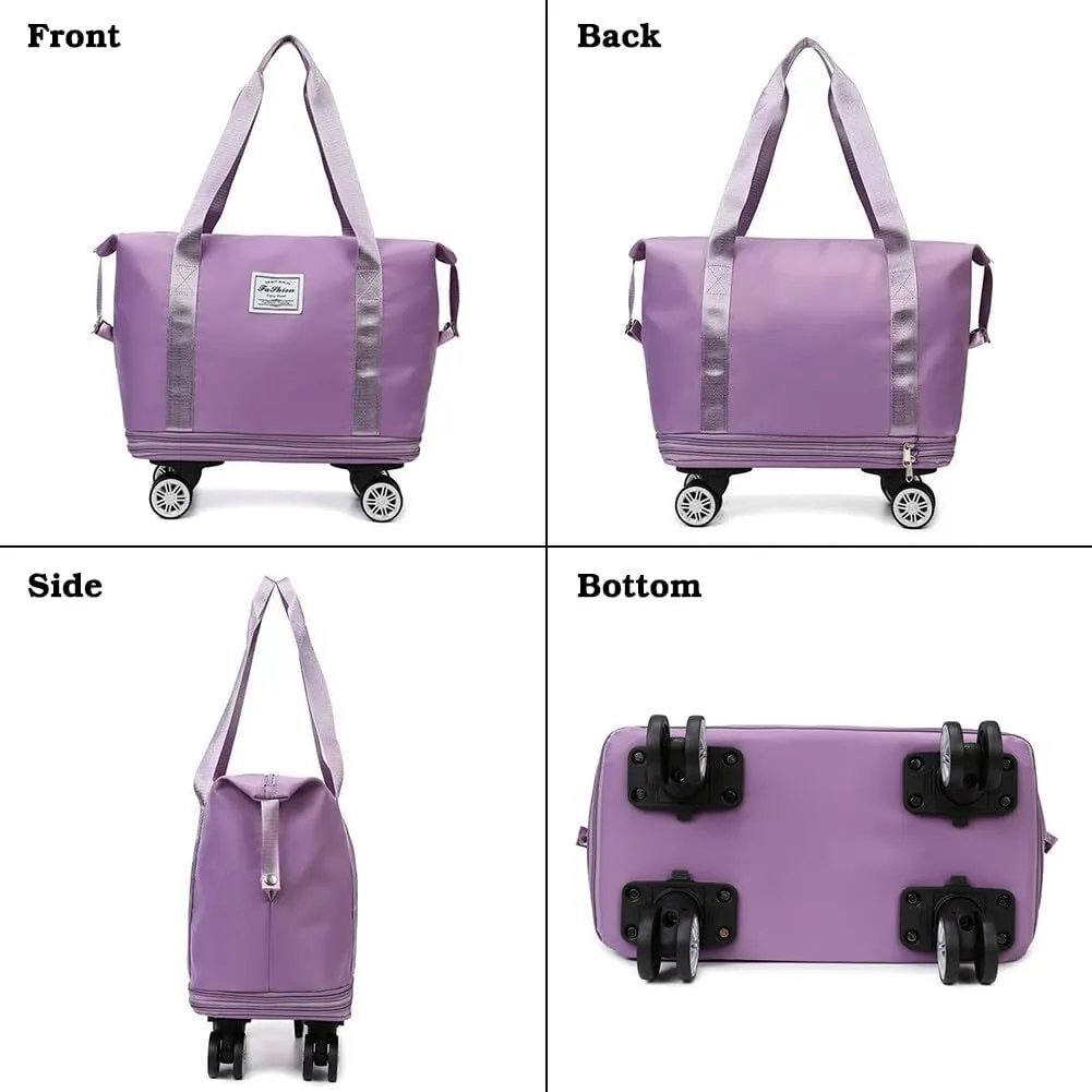 Rolling Duffle Bag with Wheels and Handle Foldable Travel Bag Expandable Carry on Bag with Detachable Casters Wheeled Weekender Bag for Women & Men - Purple