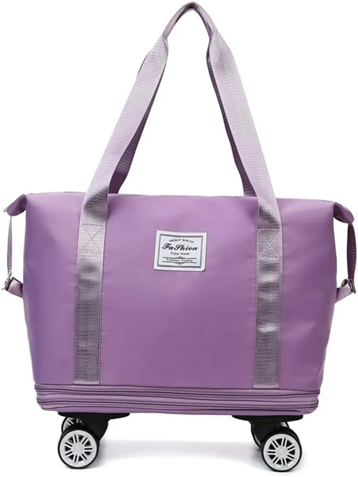 Rolling Duffle Bag with Wheels and Handle Foldable Travel Bag Expandable Carry on Bag with Detachable Casters Wheeled Weekender Bag for Women & Men - Purple