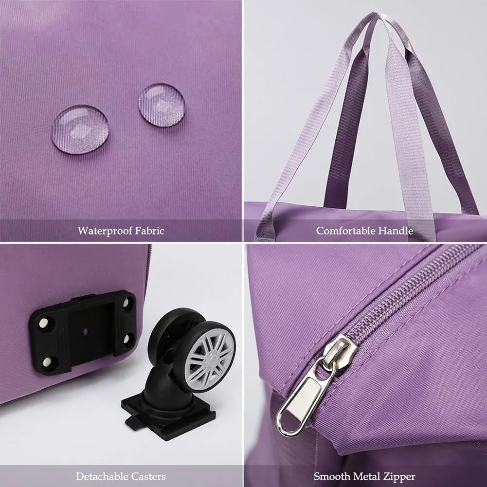 Rolling Duffle Bag with Wheels and Handle Foldable Travel Bag Expandable Carry on Bag with Detachable Casters Wheeled Weekender Bag for Women & Men - Purple