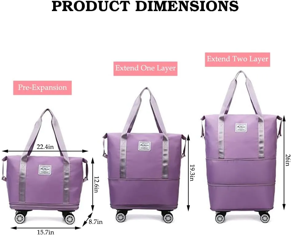 Rolling Duffle Bag with Wheels and Handle Foldable Travel Bag Expandable Carry on Bag with Detachable Casters Wheeled Weekender Bag for Women & Men - Purple