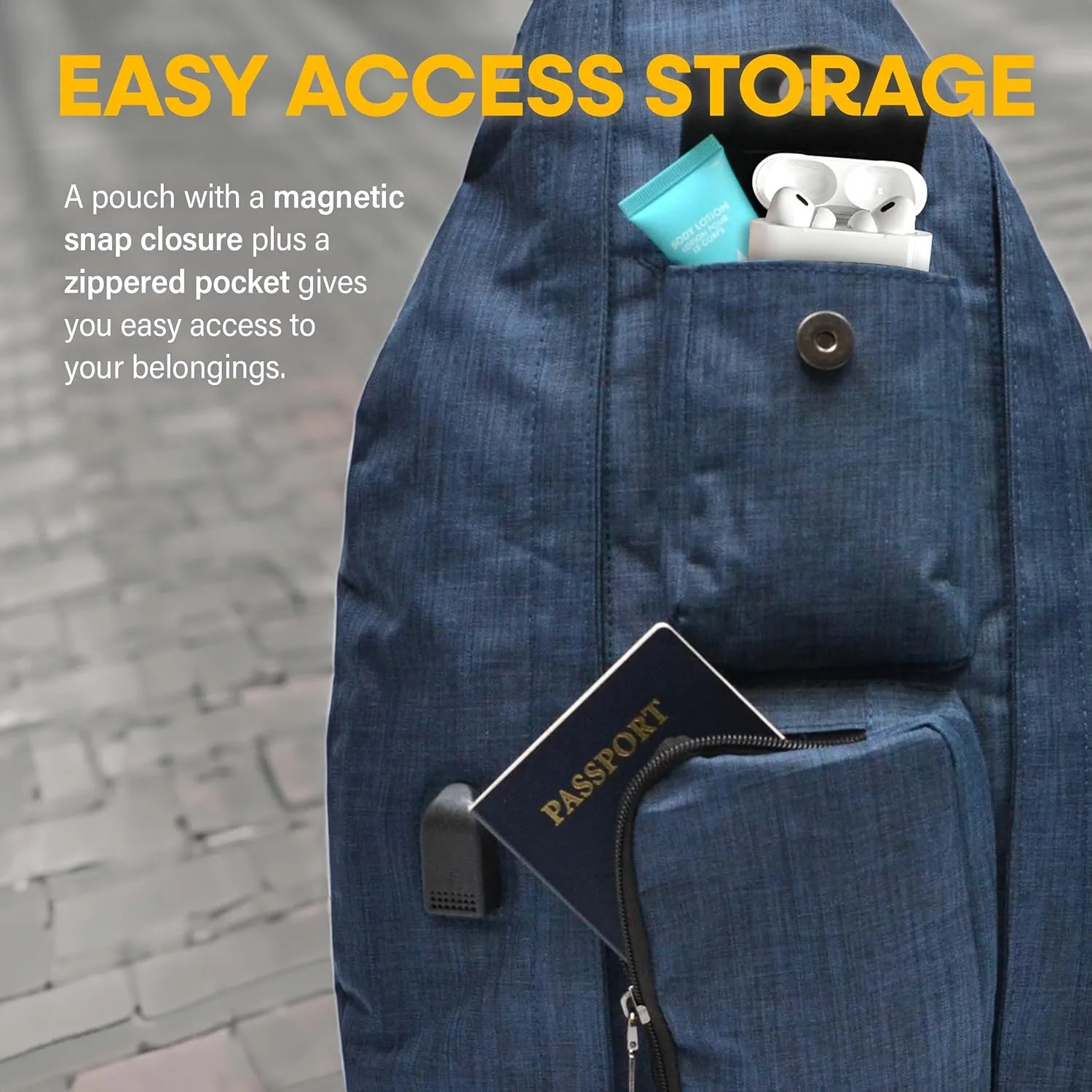 Rucksack Pickleball Bag, Anti-Theft Crossbody Sling, USB Charging Connector Port, Backpack, Soho Collection Navy